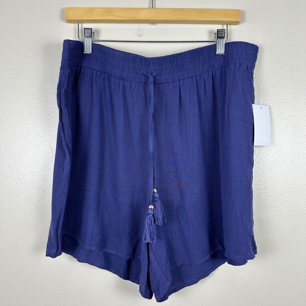 redy‎ Women's XL Shorts Blue Surf the Web Tassel Elastic Waist Boho Earth NEW